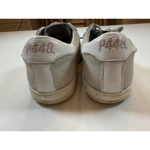 P448 Low-Top Sneakers White/Silver Leather Suede Lace-Up Shoes sz 38 (US 7.5) - Picture 3 of 8